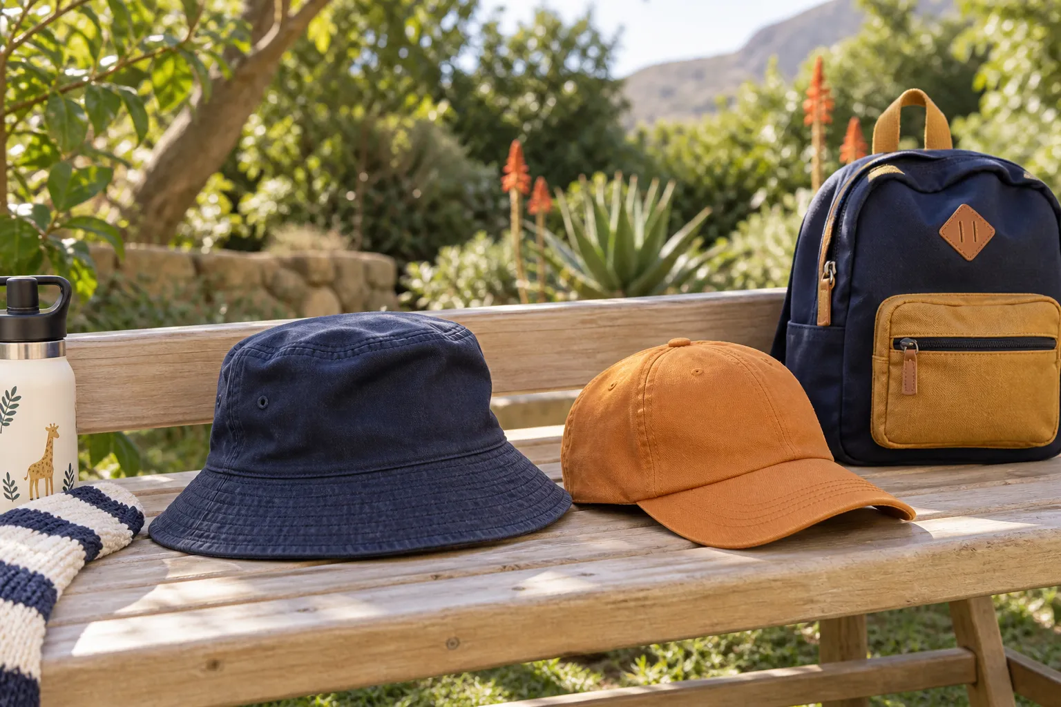Children’s bucket hat and cap beside a school backpack on a garden bench